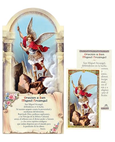 San Miguel Arcangel Cuadro – Plaque de l'Archange Espagnol Michael, carte de prière plastifiée St Michel Archange – Oracion San Miguel Arcangel pour décoration d'intérieur – 2 articles