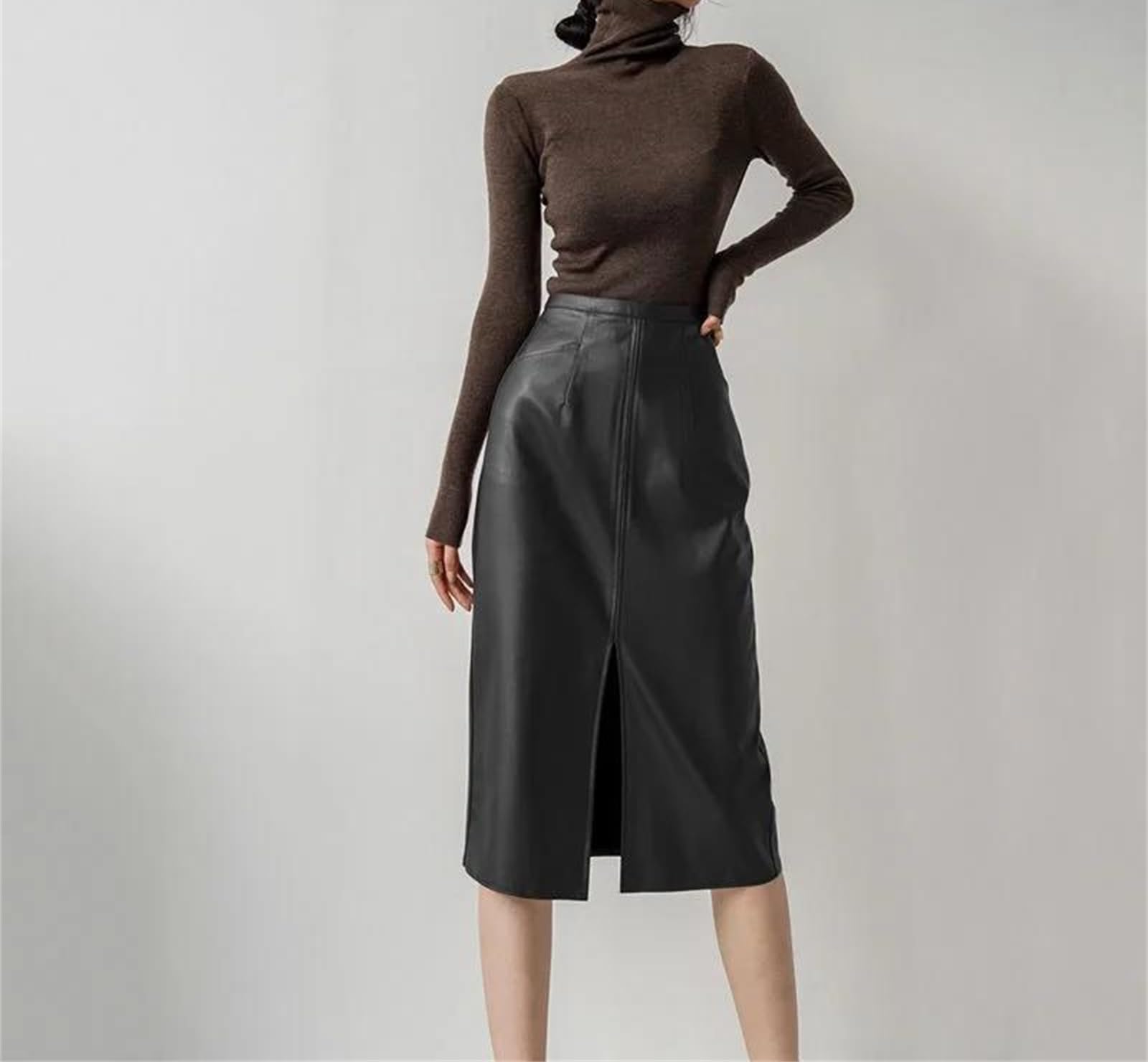 Gonne in pelle PU per le donne a vita alta autunno dritto elegante Split Midi gonne