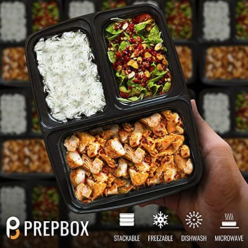 [10 Pack] 3 Compartment BPA Free Reusable Meal Prep Containers - Plastic Food Storage Trays with Airtight Lids - Microwave, Freezer & Dishwasher Safe - Stackable Portion Control Lunch Boxes [32 oz]