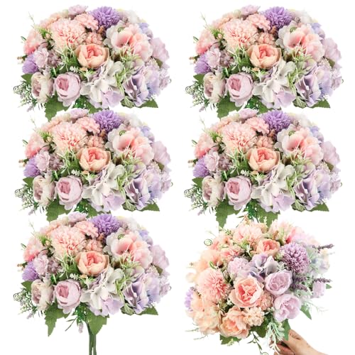 Tigeen Artificial Flowers Artificial Peonies Silk Flowers Faux Peony Fake Peony Silk Hydrangea Bouquet for Wedding Table Centerpiece Floral Vase Decor(Purple,Pink,6 Bundles)