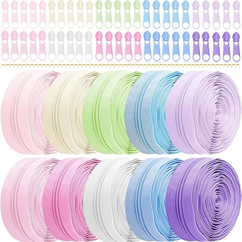 Exquilnova Zips for Sewing 30M 10 Colors Zipper Sewing Accessories Zip Repair Kit with 50 Sliders Nylon Invisible Zip for DIY Craft Projects Skirts Bags Luggage Accessories(10 Macarons Colors)