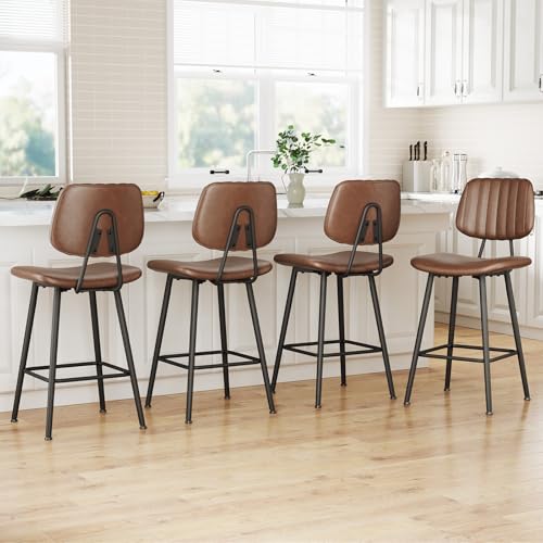Image of Raynesys 24-Inch Leather Bar Stools Set of 4 with High Backrest, Dark Brown