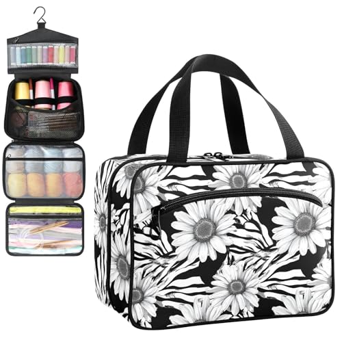 YNNALE Sewing Supply Organizer Bag, Black and White Zebra Striped Sunflower Portable Sewing Bags with Pockets&Hanger, Sewing Storage Box Case for Sew Supplies/Kit/Tools/Accessories (BAG ONLY)