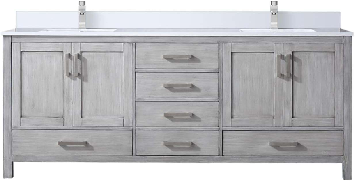 Distressed Grey Bath Vanity w/White Quartz Top & Faucet 60" W