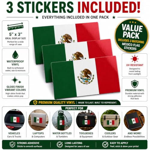 Image of Mexican Flag Vinyl Flag Stickers, Car Decals, Waterproof Indoor Outdoor, Laptop Stickers, Car Bumper, Mexico Flag, 5 x 3 Inches, Set of 3