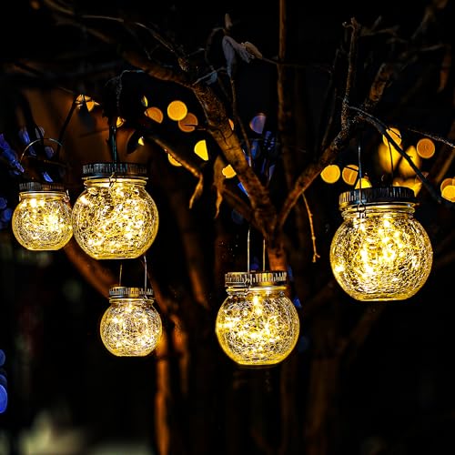Cooo 2 Pack Crackle Glass Solar Lantern with 30 LED Firefly Lights– Waterproof Outdoor Hanging Lamp 215% Larger Solar Panel, Anti-Rust Lids Decorative Lighting for Garden Patio Table