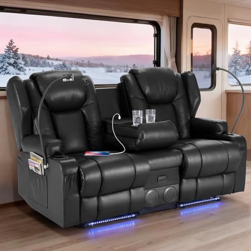 Image of Redlife Power Loveseat Recliner Sofa with Console, PU Leather Dual Reclining Couch with Blue LED Lights, Bluetooth Speakers, USB Ports, Phone Holders, Home Theater & RV Recliner (Black)
