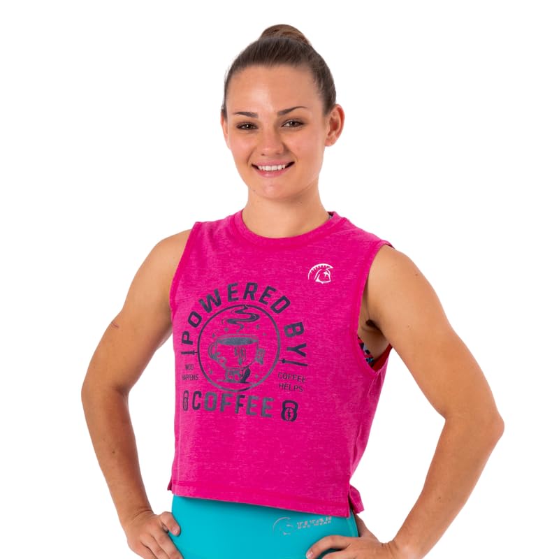 Camiseta sin Mangas Mujer Ecoactive WOD Tank Powered by Coffee Pink/Navy, Camiseta Deportiva Crop, Tejido Ecoactive, Back Loop, Costuras Planas, para Correr o Cross-Training
