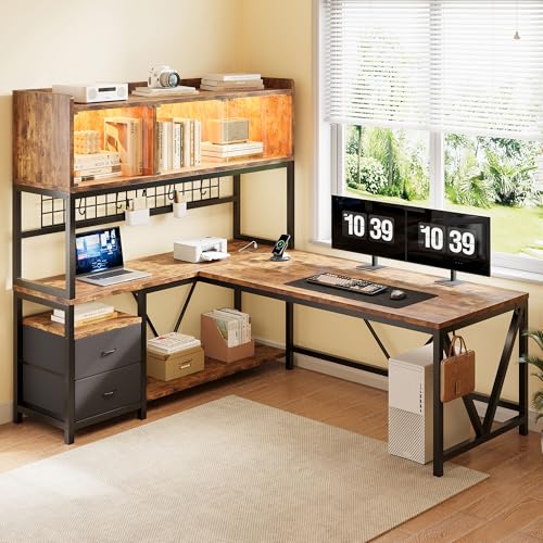 Image of L Shaped Gaming Desk with Drawers, Corner Computer Desk with LED Tempered Glass Display Cabinet, Shaped L Office Desk with Charging Station and Fabric Drawer, PC Desk for Gaming and Office, Brown