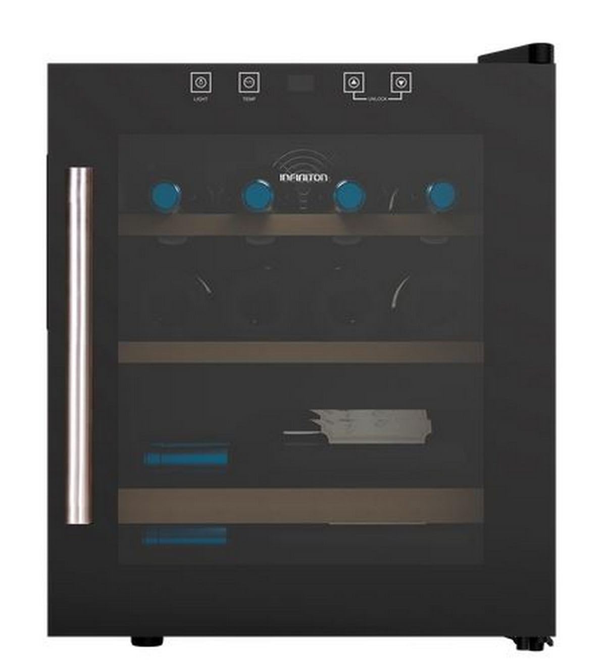 INFINITON Vinoteca WFL-15C, 15 Botellas, Luz LED en el interior, Sistema de enfriamiento No frost, Acabado exterior Crystal BLACK, Tirador exterior de acero inoxidable, G
