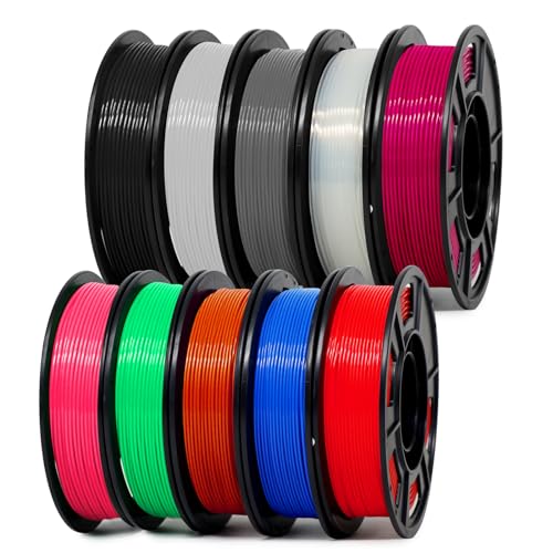EONO Lot de filaments PLA+ 1,75 mm, 10 x 250 g – Filament haute résistance pour imprimante 3D, noir, blanc, gris, bleu, vert, rouge, rose, orange, violet, transparent, compatible avec toutes les