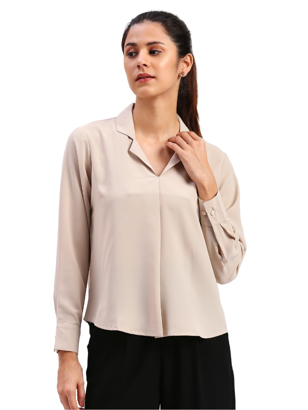fithub Chic Comfort Women's Cuffed Sleeves Cuban Collar Opaque Shirt Style Top-picture-38