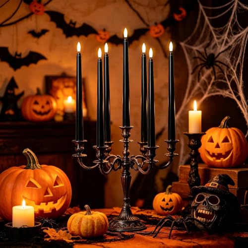 Image of Wondise 24pcs Halloween Flameless Taper Candles, Black Candles Battery Opearated Plastic LED 3D Wick Flickering for Halloween Table Decorations