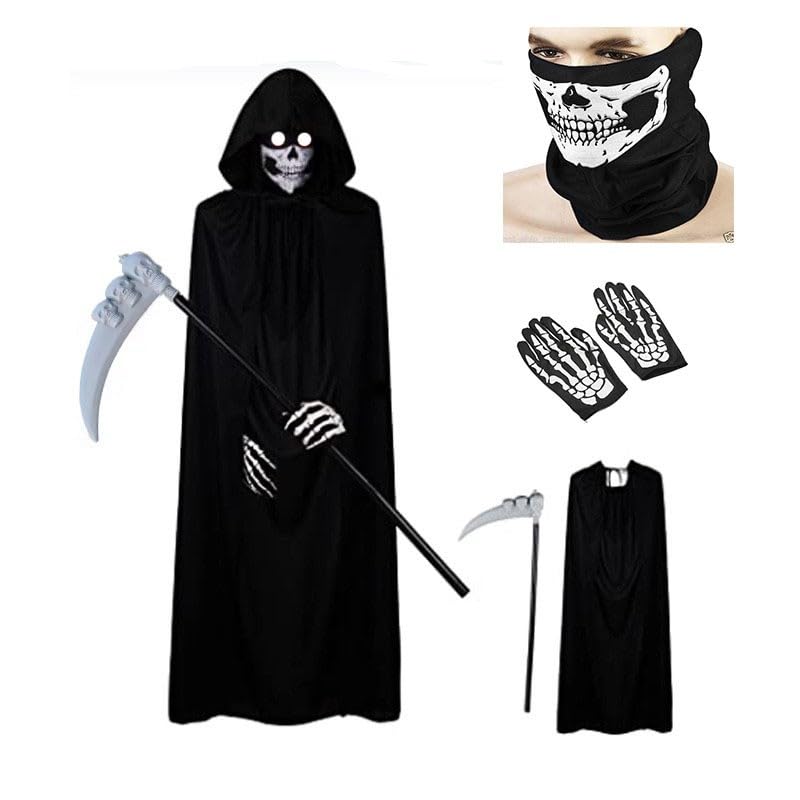 AR BRAND EST. 2021 Halloween Grim Reaper Costume Set, Black Hooded Cape with Scythe, Skeleton Gloves and Face Mask, 4-Piece Cosplay Party Outfit Kids Adult