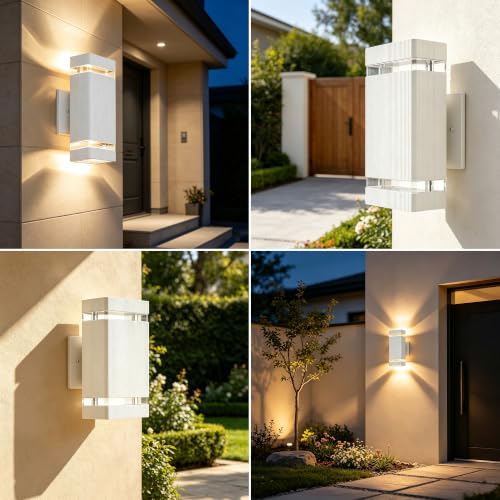 Image of JYV Square Dusk to Dawn Outdoor Wall Lights, Up and Down, White 2 Pack | Aluminum Porch Lights with 2x7W 3000K Bulbs, Waterproof Exterior Lighting Fixtures, for House Porch Garage Patio