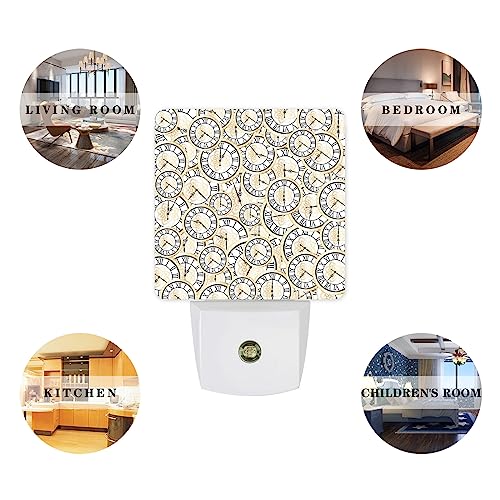 Image of Night Light Plug in LED Night Lamp Automatic Sensor Kids Night Lights Plug into Wall, Vintage Clock Floral Roman Numerals Gold Black Square Night-Lights for Bedroom Bathroom Kitchen Hallway Home Decor