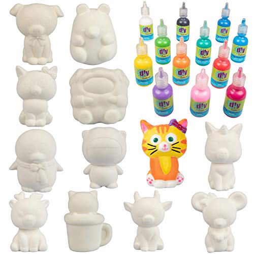 SCS Direct DIY Jumbo Animal Squishies 3.5" -6" (12pc) & Fabric Paint (12 Bottles) Combo Pack- White Kawaii Slow Rising Squishy Toys for Drawing, Painting, Decorating - Scented Stress Relief Craft