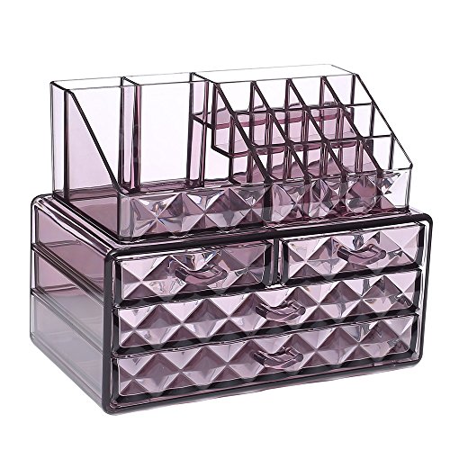 Ikee Design Purple Color Diamond Pattern Jewelry & Cosmetic Storage Display Boxes Two Pieces Set, Cosmetic Jewelry Organizer Makeup Holder, Cosmetic Holder, Cosmetic Organizer for Vanity
