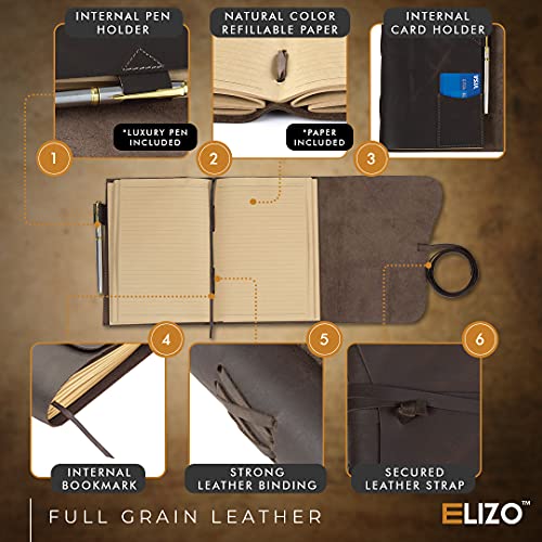 Elizo Leather Journal Notebook Leather Bound Journal For Men - 7X9 Refillable Leather Journal With Lined Pages - Writing Journals For Women - Large Travel Journal Diary Pen Gift Set #TOP2