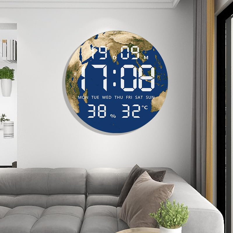 Image of Amazon Brand - Umi Acrylic Digital Wall Clock for Bedroom Living Room Stylish LED USB Tabletop 3D Picture Clocks with Time Day Date Month Temperature Display for Home Office 24.3x24.3cm (Blue Planet)