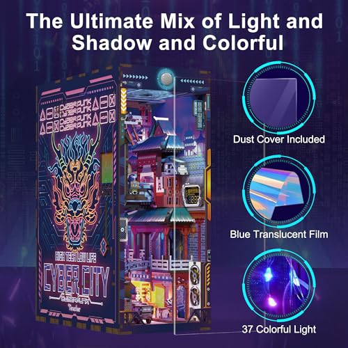 Image of Tonecheer DIY Book Nook Kit for Adults, Wooden 3D Puzzle Bookend Bookshelf Insert Decor, Cyber Punk Booknook Miniature House Kit with Dust Cover and Body Motion Sensor LED (Cyber City)