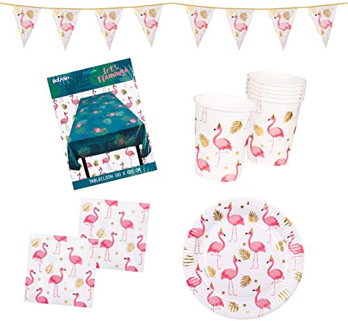 Boland 10203209B – Juego de Fiesta de flamencos, banderines, Platos, servilletas, Vasos, Mantel, cumpleaños Infantil, vajilla desechable, decoración