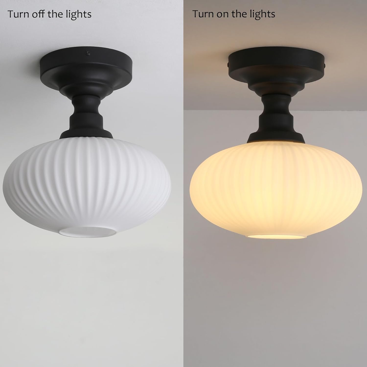 Pathson Milky Striped Flush Mounted Ceiling Light with Round Lantern Shape, Vintage Glass Ceiling Lamp Fixture Over Kitchen Sink, Living Room, Stairwell, Hallway