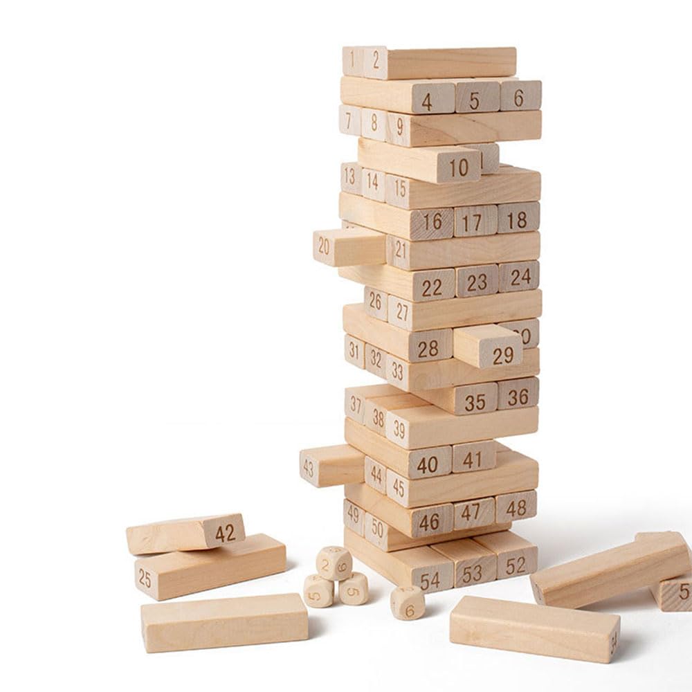 JZS Classic Building Blocks Game with Genuine Hardwood Blocks, Stacking Tower Game for 1 or More Players, Kids Ages 6 and Up,54Pcs,Sigital Style