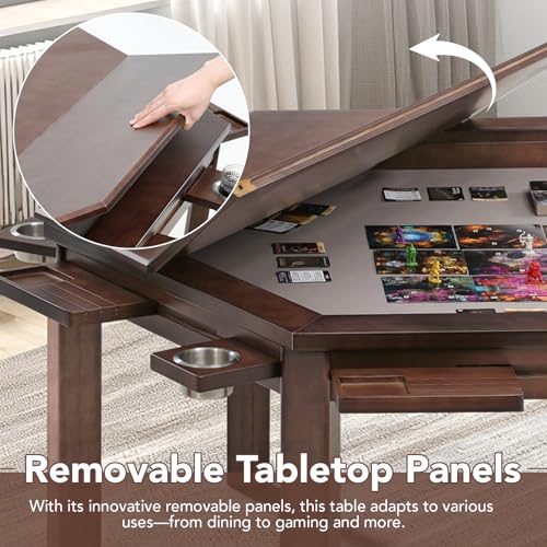 janiry Board Game Table with Removable Table Top Seats 4 to 6 Players Hexagonal Solid Wood Dining and Gaming Table Includes Play Mat, Detachable Cup Holders & Trays (Warm Walnut) - Thumbnail 4