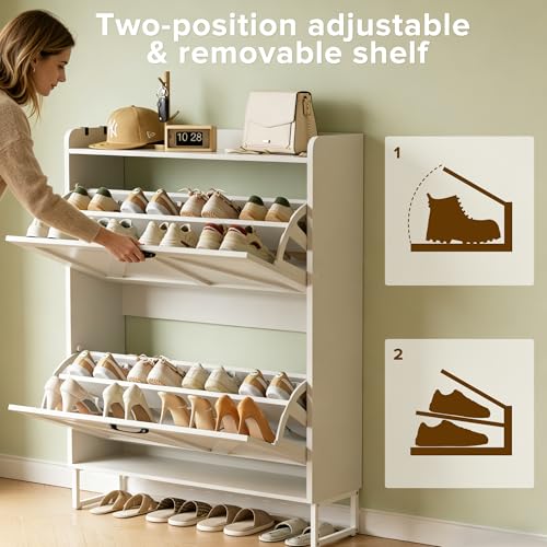 Urban Deco Shoe Storage Cabinet for Entryway, 2 Flip Drawers Shoe Organizer, Elegant 2-Tier Freestanding Shoe Cabinet with Anti-Tipping Design (White) - image 4