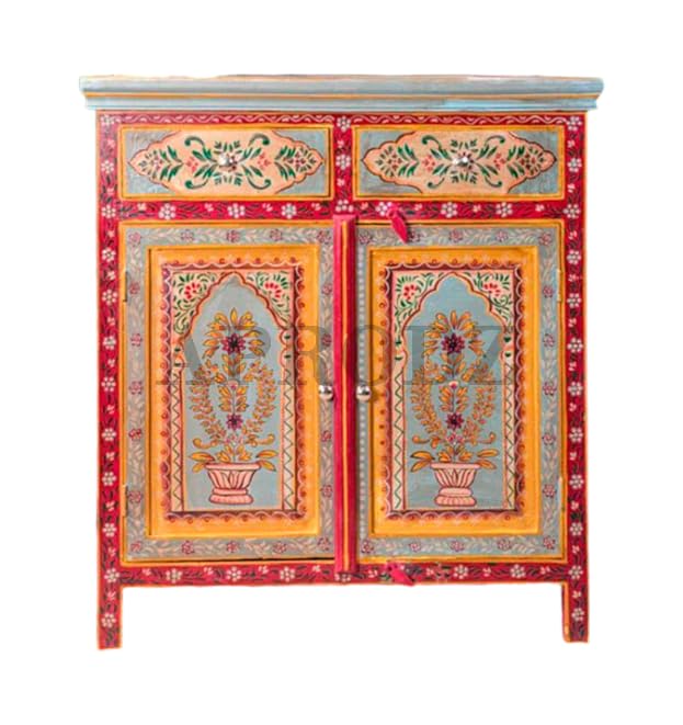 Image of APRODZ Wooden Handpainted Storage Cabinet with 2 Drawer & 2 Door (Multicolor)