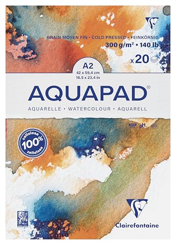 Clairefontaine 975723C Aquarellblock Aquapad A2, 20 Blatt 300g mittelfein