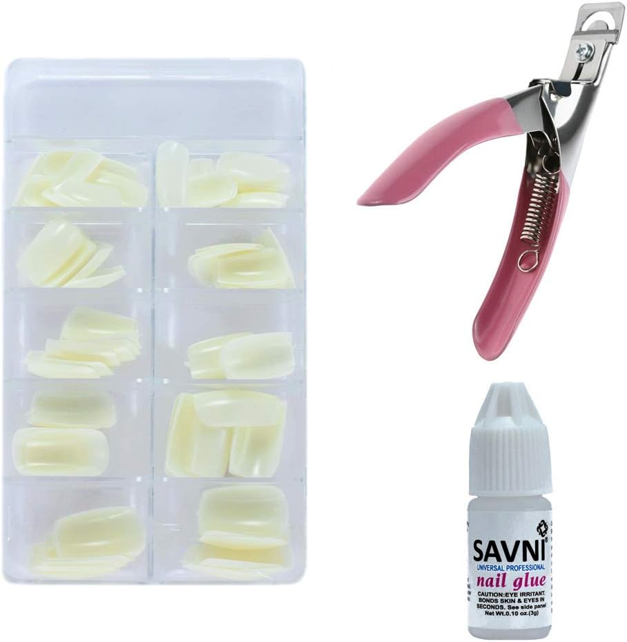 SAVNI combo of 100 pieces White acrylic nail extensions, Nail art glue and Acrylic nails edge cutter