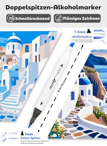 HornedDragon 120 Farben Alkohol Marker mit App, Doppelspitze Alkoholmarker (Meißel & Feine Spitze), Alcohol Marker für Erwachsener, Alkohol Stifte für Design, Malerei, Manga & Illustrationen
