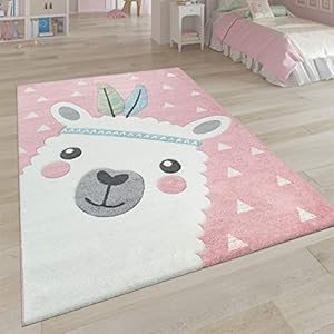 Vloerkleed Kinderkamer Roze Kinderkamer 3D-Design Alpaka-Motief Pastelkleuren Robuust, Maat:80×150 cm