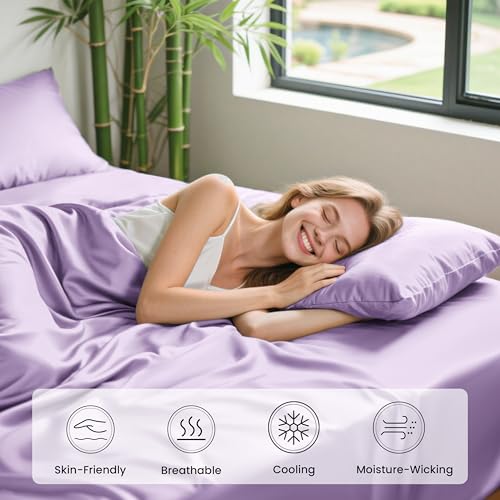 Image of Love's cabin 4 Piece Queen Sheet Set, 100% Rayon Derived from Bamboo, Cooling & Breathable, Soft Silky Deep Pocket up to 16 inch, Hotel Luxury Bedding for Hot Sleepers, Lavender