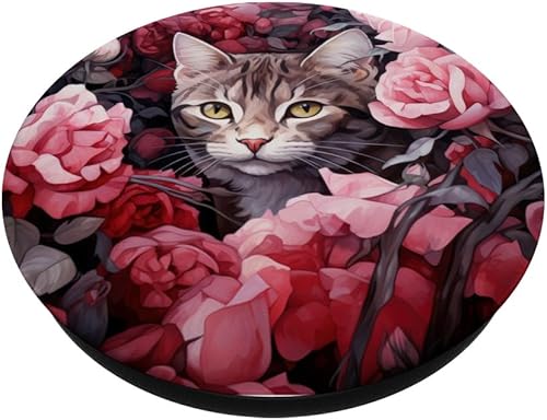 Miniatura 2 de Havanna Brown Cat Hiding Between Roses and Flowers PopSockets Standard PopGrip
