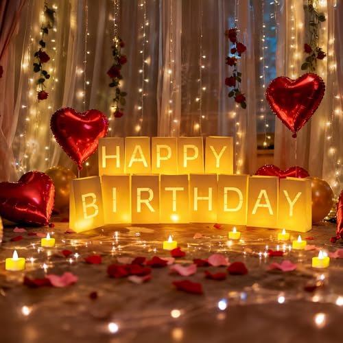 Image of Happy Birthday Decorations for Women Men, Light Up Letters Luminary Bags with 30PC Bright LED Candles and 2000PC Fake Rose Petals, Surprise Birthday Party Banner Signs