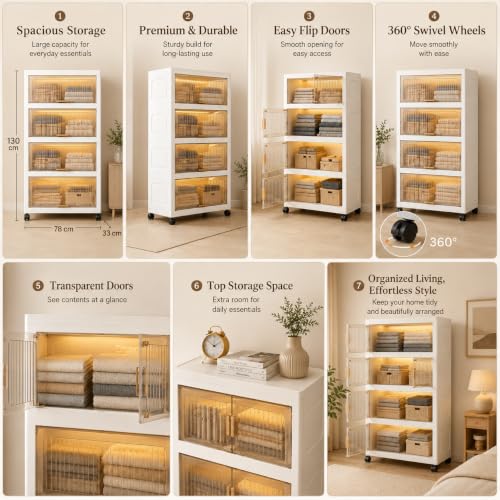 Image of KRISHYAM 4 Tier Plastic Storage Cabinet with Transparent Flip Doors & Wheels, Multipurpose Clothes Organizer for Bedroom, Living Room, Kids Room & Home Storage (4 Layer - 4 Transparent Door (White))