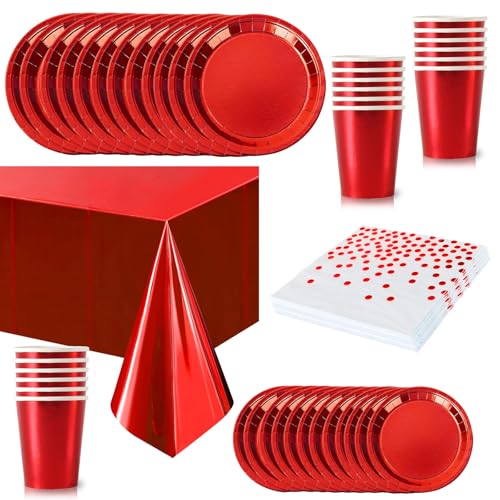 65 piezas Juego de Vajilla Desechable Rojo Foil,Platos Desechable Decoración Cumpleaños Fiesta Compostables,Platos Servilletas Biodegradable Copa de Papel y Mantel,para Bodas,Picnics,Baby Shower