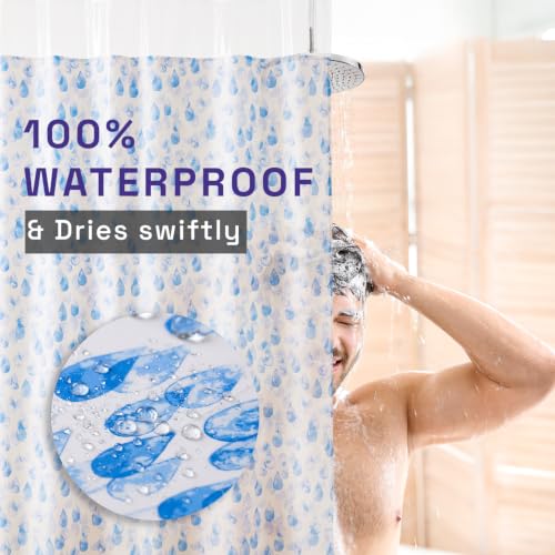 Image of Wakefit PEVA Plastic Printed Shower Curtain 7 Feet | 12 Free Hooks | No Smell, Toxin Free PEVA Plastic | Waterproof Bathroom Curtain | Curtain for Balcony | Height 7ft & Width 6ft | Drops Blue