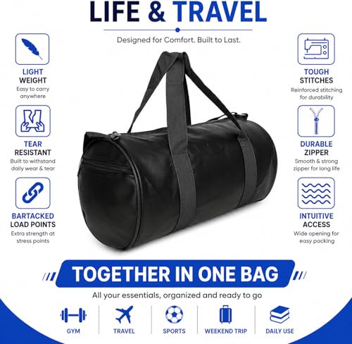 Image of Trendy & Classic Duffle Gym Bag for Men & Women Leather Gym Bag with Shoulder Strap Sports Bag Yoga & Travel Bag for Boys & Girls Duffle Bag & Travelling Bag Outdoor (Black)