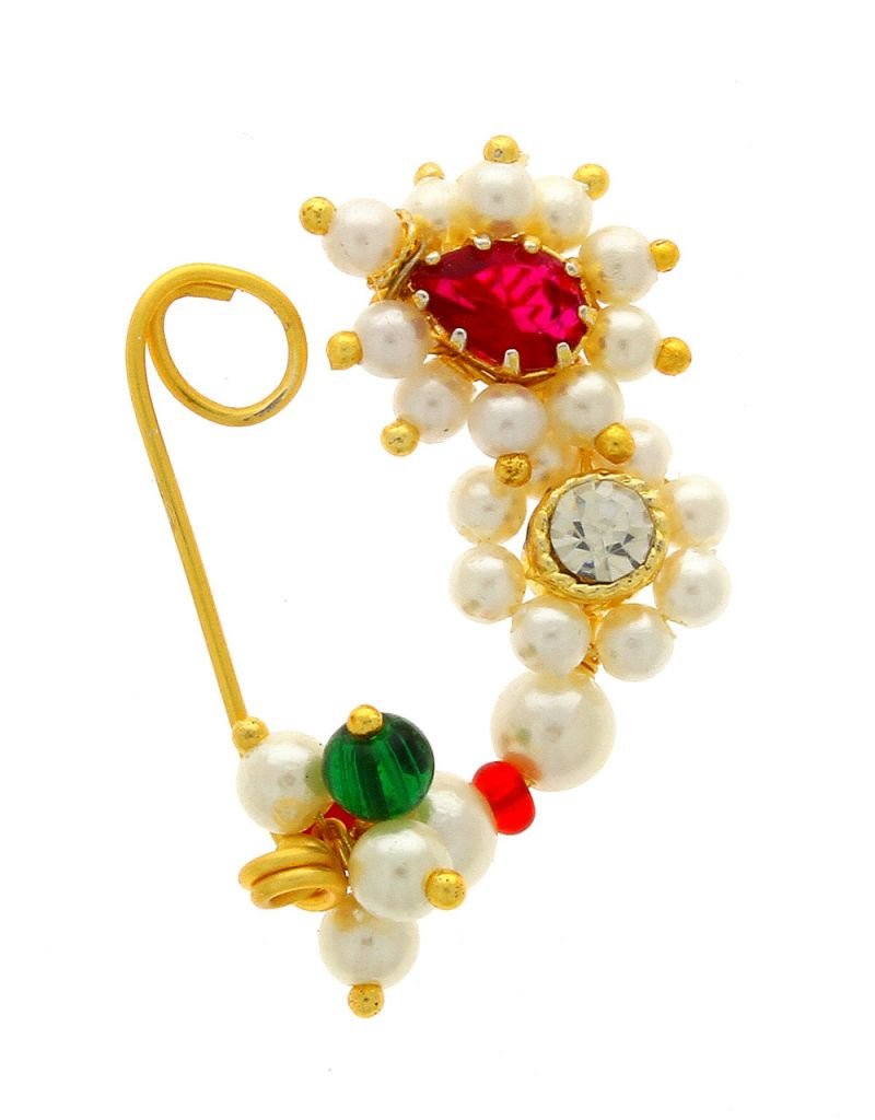 Jewellery Traditional Maharashtrian Nath Nose Rings White Ruby Stone Gold Pearl Beads Nath for Women Girl- Nose Ring-119-image-23