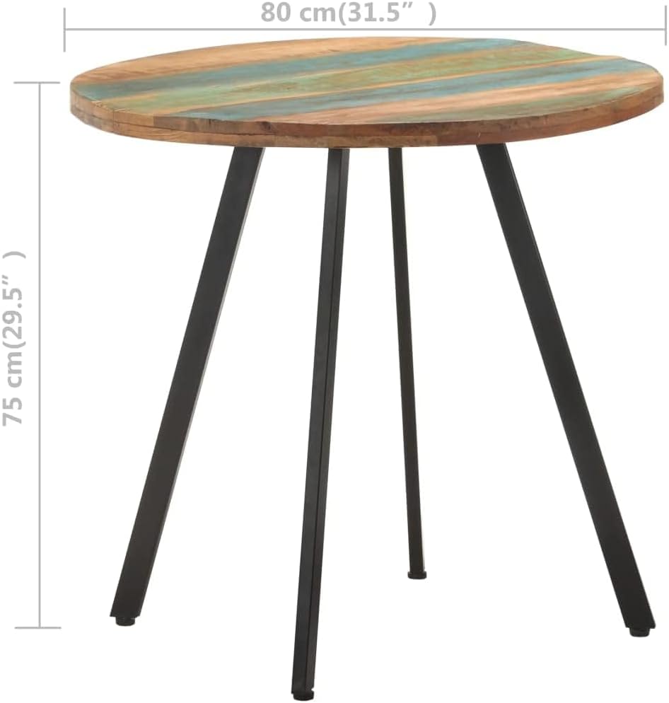 BOWERY HILL Round Dining Table, Solid Reclaimed Wood Top, Weathered Finish, Black Metal Legs, Compact 31.5 x 31.5 x 29.5 in, Industrial Style for Kitchen or Dining Room, Seats Up to 4