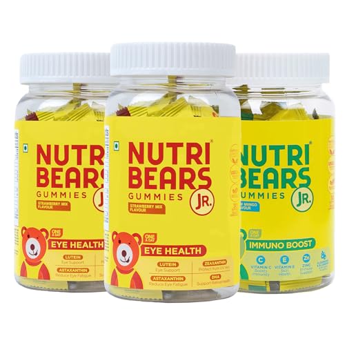 Image of NutriBears Kids Eye and Immne Gummies for Kids and Teens, 3 Combo Pack of 90 Gummy Chewables, Strawberry and Raw Mango Flavour, Natural Gelatin Free Vegetarian Supplement for Strong Bones and Immunity