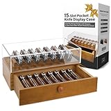 Wooden Knife Display Case with Drawer, 15-Slot Pocket Knife Collection Box with Thick Clear Acrylic Cover, Solid Wood Base, 2-Tier Storage Case for Folding Knives & EDC Items, Gift Box Included -Brown