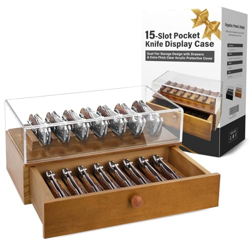 Wooden Knife Display Case with Drawer, 15-Slot Pocket Knife Collection Box with Thick Clear Acrylic Cover, Solid Wood Base, 2-Tier Storage Case for Folding Knives & EDC Items, Gift Box Included -Brown