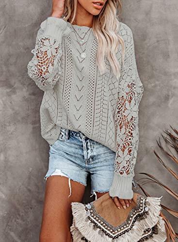 Alvaq Women's Sexy Crewneck Backless Sweater Lace Crochet Long Sleeve Knit Jumper Pullover Tops Fashion 2023 Gray Medium #TOP1