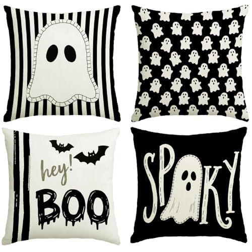Halloween Decor Pillow Covers 18x18 Inch Set of 4 Halloween Decorations Outdoor Indoor Throw Pillow Covers Hey Boo Cute Spooky Ghost Black Striped Linen Cushion Case for Home Sofa Couch Bed Chair