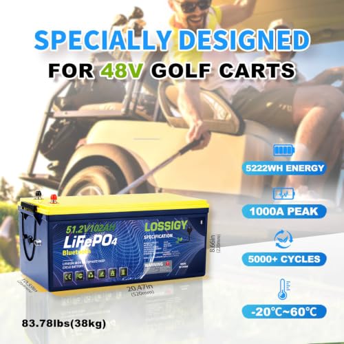 Image of LOSSIGY 48V Lithium Battery Golf Cart Conversion Kit with Charger&Converter | 48 Volt Deep Cycle Battery 5.22Kwh Output Built in 200A Bluetooth BMS Peak Current 1000A(3-5s) Prefect for Solar System RV